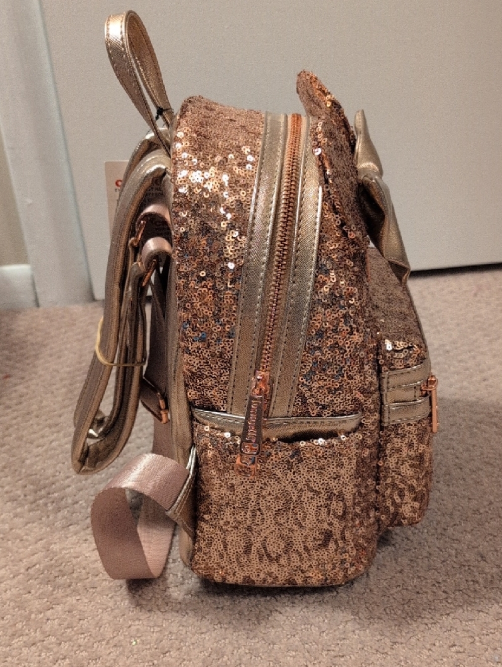 Loungefly Disney Parks Rose Gold Sequin Minnie Mouse Mini Backpack and Ears - Picture 6 of 9